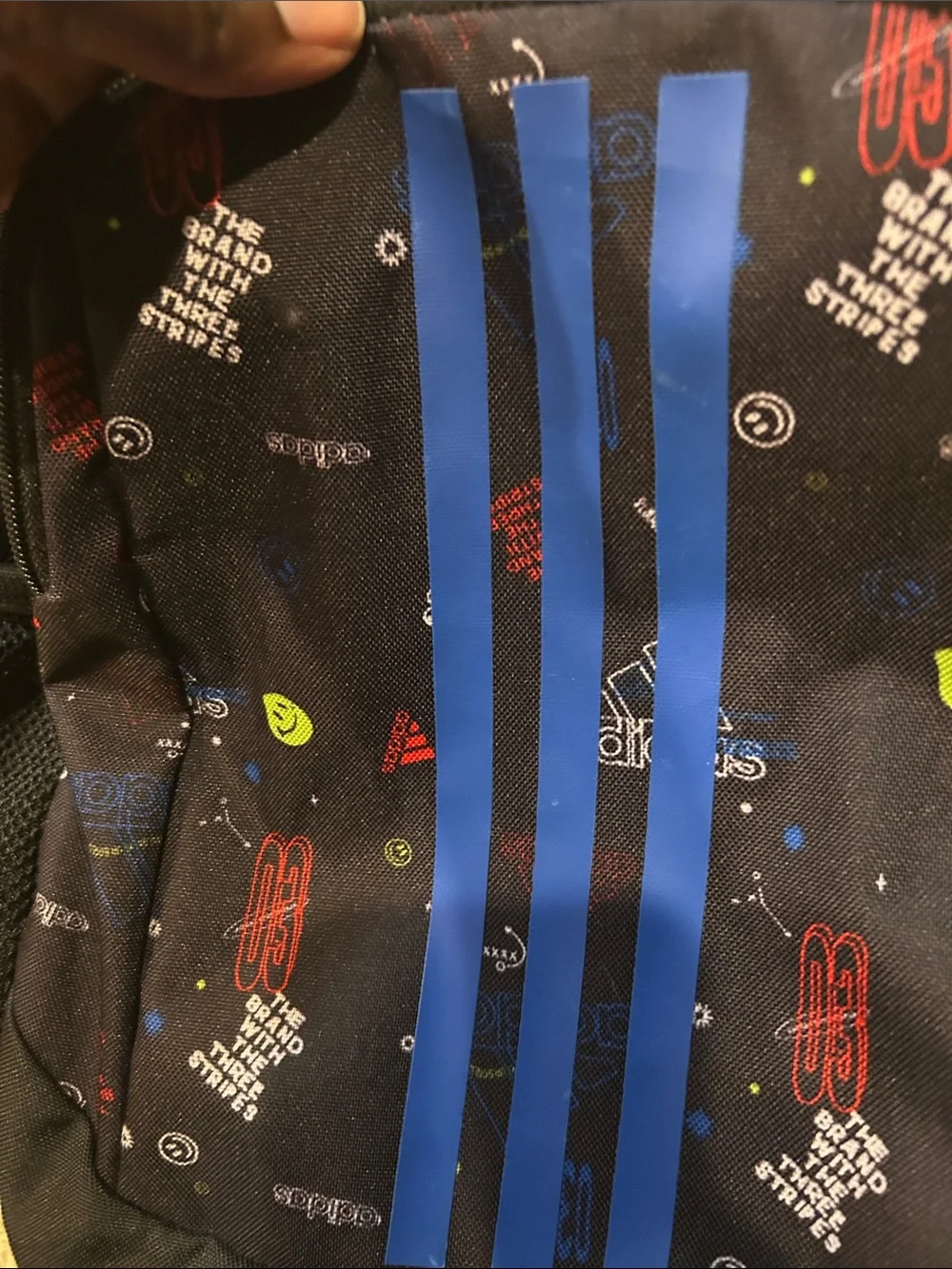adidas Black Backpack with Bright Blue Stripes and Multicolor Icons